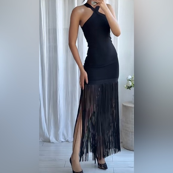 NWT ZARA LONG STRETCH FRINGE DRESS SIZE S - Picture 4 of 12